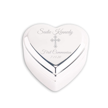 Cherished Moments Personalized Heart Jewelry Keepsake Box with Custom Engraved Cross and Name for Baby Baptism Gift for Girls, Silver Toned