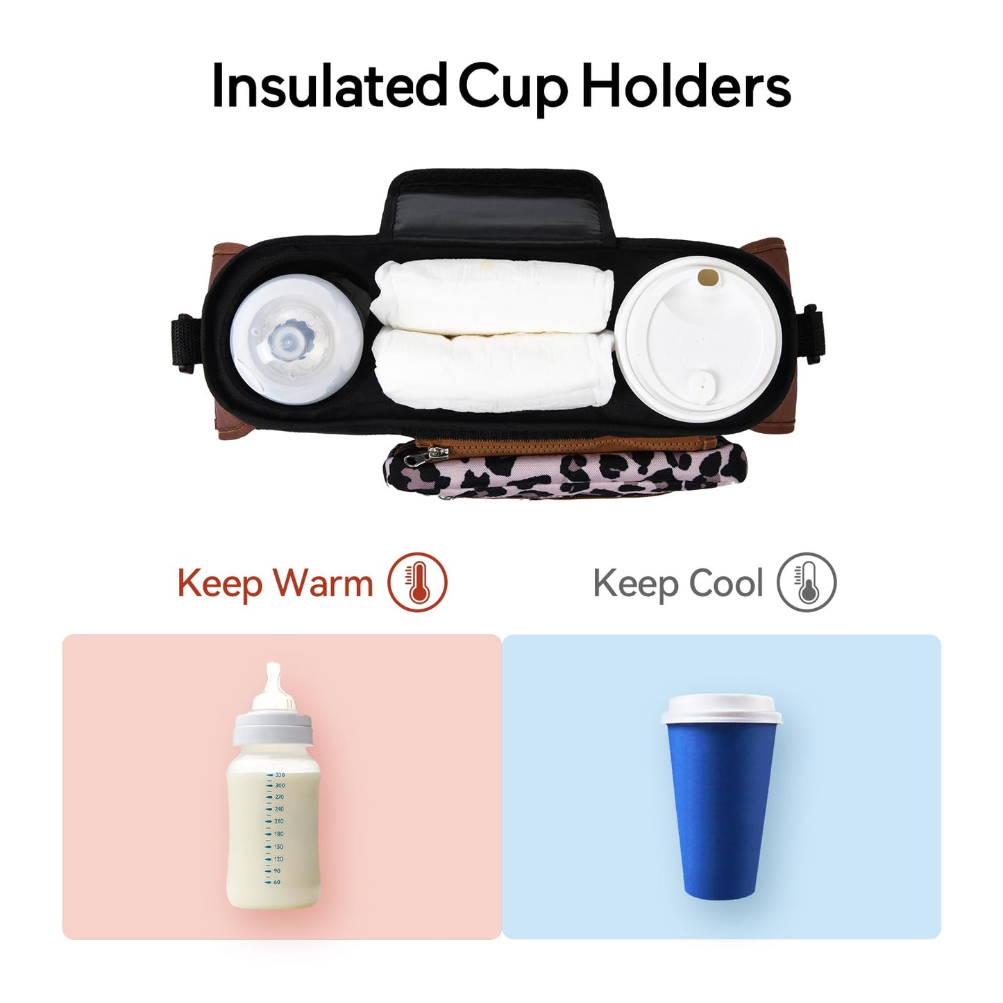 Momcozy Universal Stroller Organizer, 2 Insulated Cup Holders, Removable Zip Pocket, Adjustable Straps, Large Capacity Baby Essentials Compact Design, Fits Any Stroller (Multicolor)