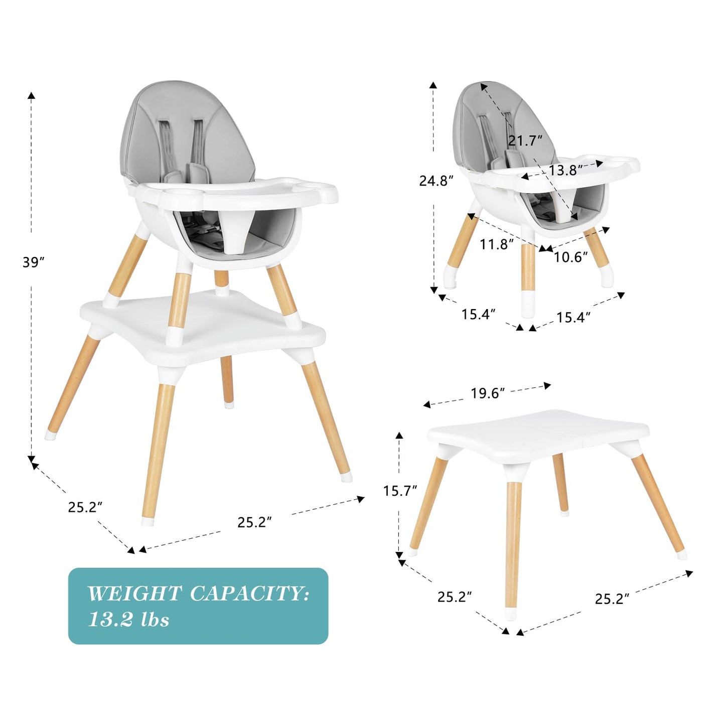 High Chair for Babies & Toddlers, Convertible Wooden 6 in 1 Baby Highchair, Table and Chair Set, Building Block Table, 5-Point Adjustable Seat Belts, 4-Position Removable Tray& PU Seat Cushion (Black)