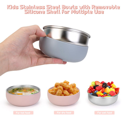 ShineMe 4 pack Baby Bowls, 5 Inches Wide Stainless Steel Bowls for Kids with Removable Colorful Silicone Sleeve, Unbreakable Toddler Bowls for Soup, Cereal, Yogurt, Snacks...
