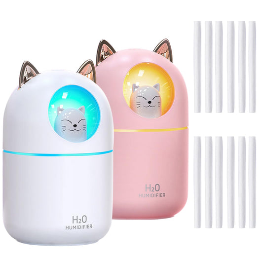 Cute Portable Cool Mist Humidifier with 12 Pcs Sticks & 7 Color Night Light - USB Air Humidifier for Bedroom, Office, Desk, Car, Travel (White + 12 Filter Cotton Sticks)