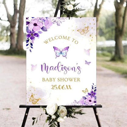 Printable Sign, Butterfly Baby Shower Welcome Sign, 12 x 18 inches to 24 x 36 inches, Corrugated Plastic, Romantic Style