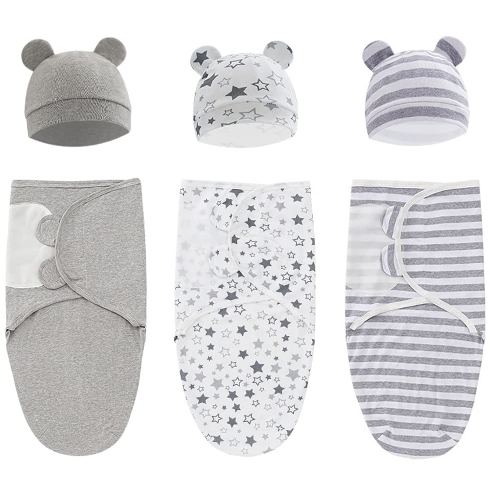 Baby Swaddle Sleep Sack with Hat Set for 0-3 months 3-Pack Soft Cotton Newborn Wearable Swaddle Wrap for Girls Boys