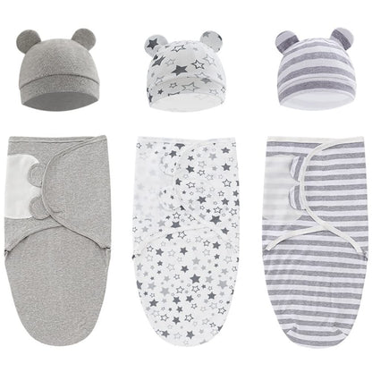 Baby Swaddle Sleep Sack with Hat Set for 0-3 months 3-Pack Soft Cotton Newborn Wearable Swaddle Wrap for Girls Boys