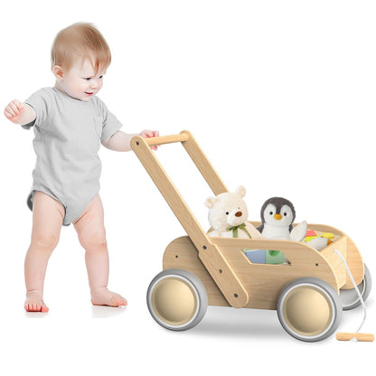 Wooden Baby Walker, Push and Pull Learning Walk Toys for Infants to Toddler, Walker with Wheels for Boys Girls, Gift for Birthday Christmas, Pink