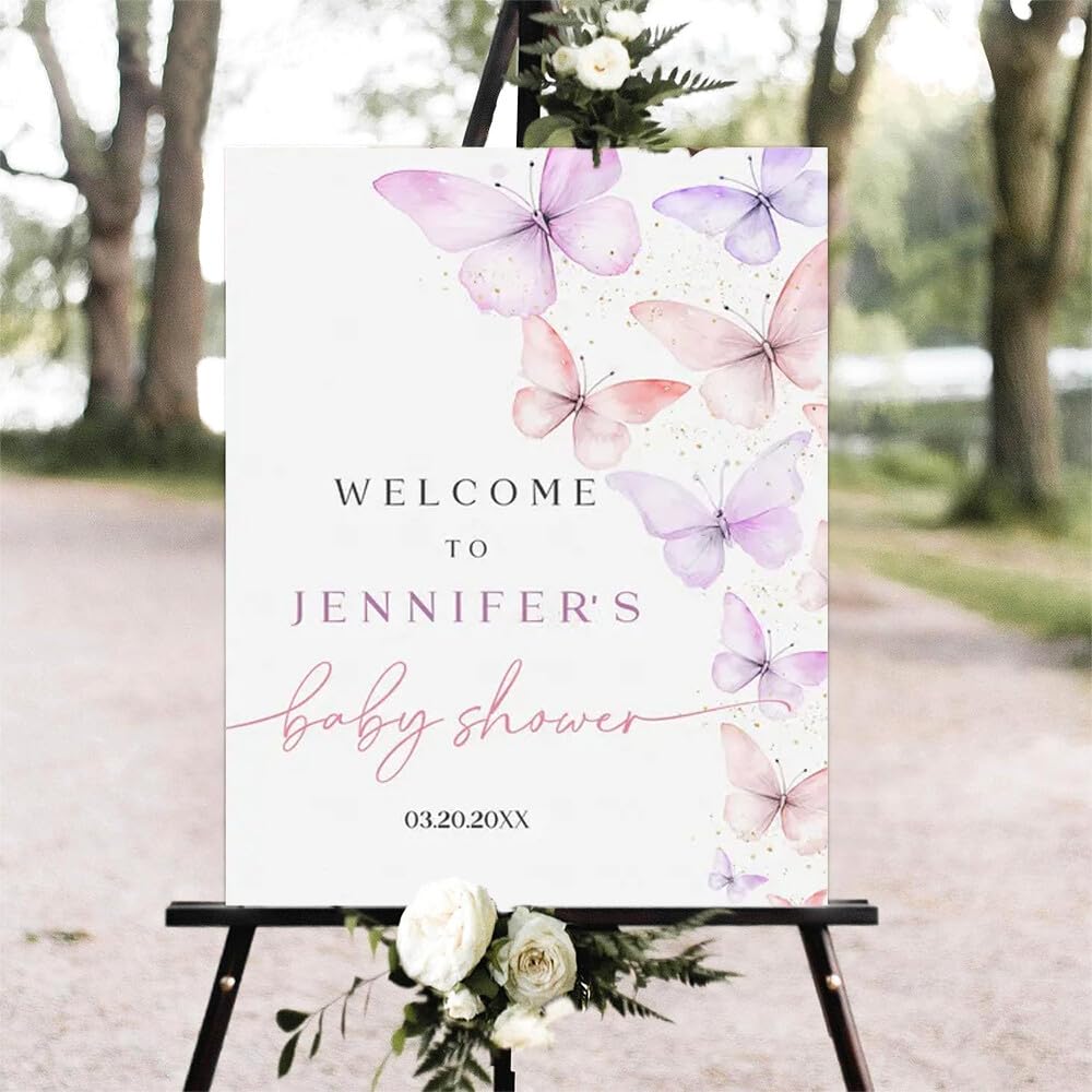 Printable Sign, Butterfly Baby Shower Welcome Sign, 12 x 18 inches to 24 x 36 inches, Corrugated Plastic, Romantic Style