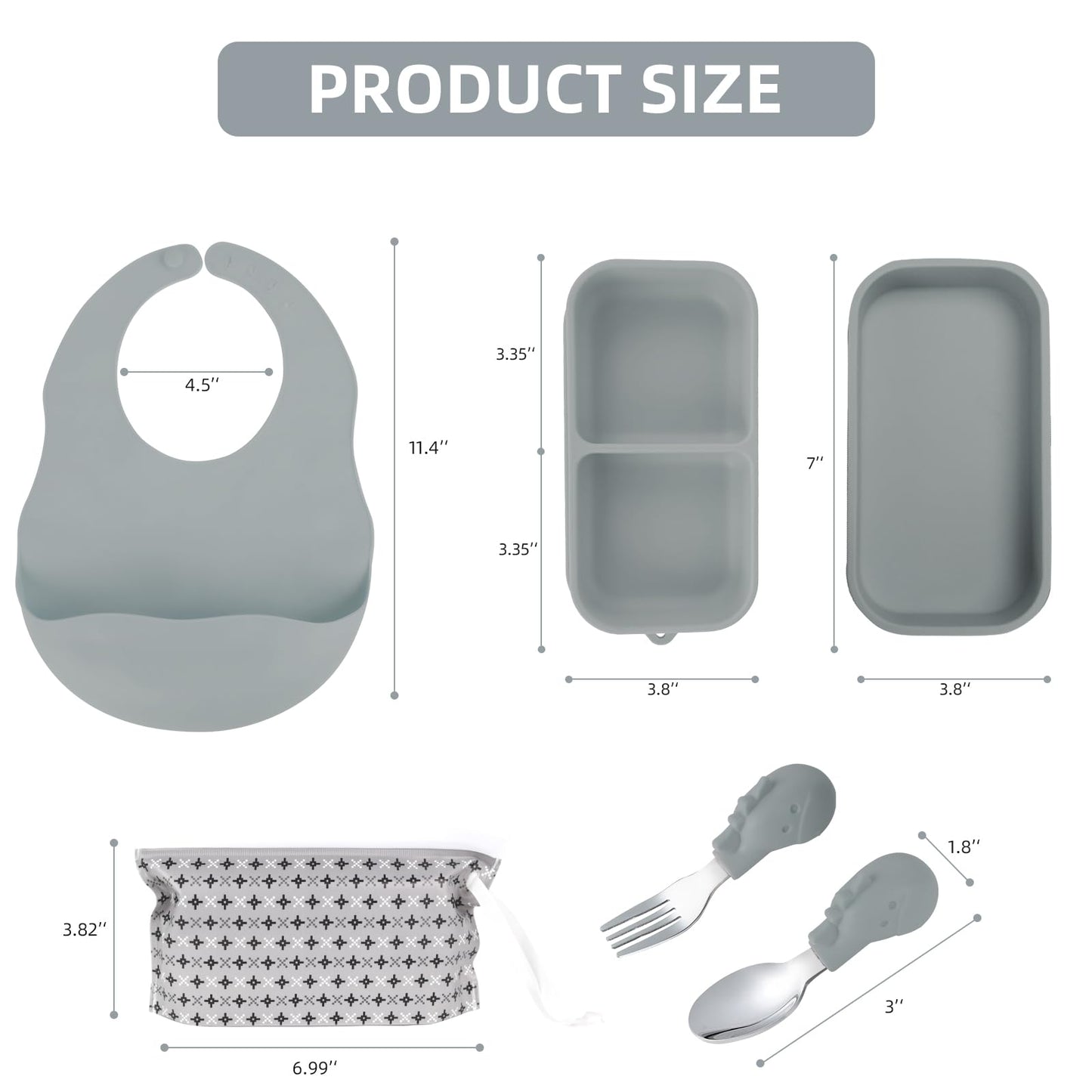 Travel Silicone Baby Feeding Set with 316 Stainless Steel Spoon & Fork ,Silicone Suction Plates, Foldable Bib, Storage Bag - Portable Infant Toddler Utensils, 6-Piece BPA-Free Dishware Kit（gray）