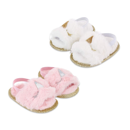 2 Pack Infant Baby Girls Sandals Elastic Back Strap Flats Slippers Soft Toddles Princess Shoes Faux Fur Slides Shoes First Walker House Shoes