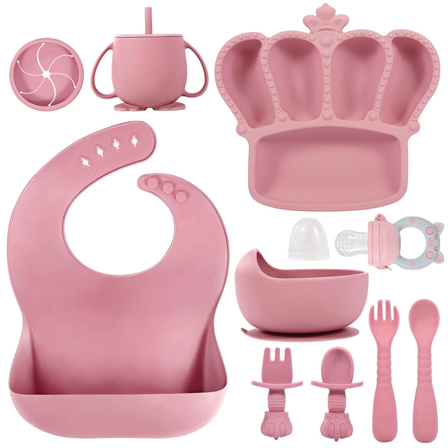 Silicone Baby Feeding Set 10 Pcs Baby Led Weaning Supplies Suction Bowl Divided Plate Baby Bibs Fruit Feeder Baby Spoons Forks Sippy Cup Toddler Utensil Sets Baby Essentials for Newborn Gift
