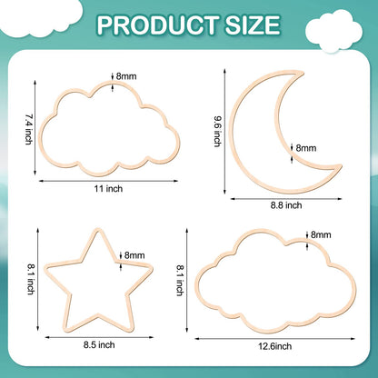 Kathfly4 Pieces Boho Nursery Cloud Star Wall Decor Wooden Babyroom Moon Rattan Wall Decor Wooden Rainbow for Children Baby Kids Boys Girls Bedroom Nursery Pendant(Cloud Moon Star)