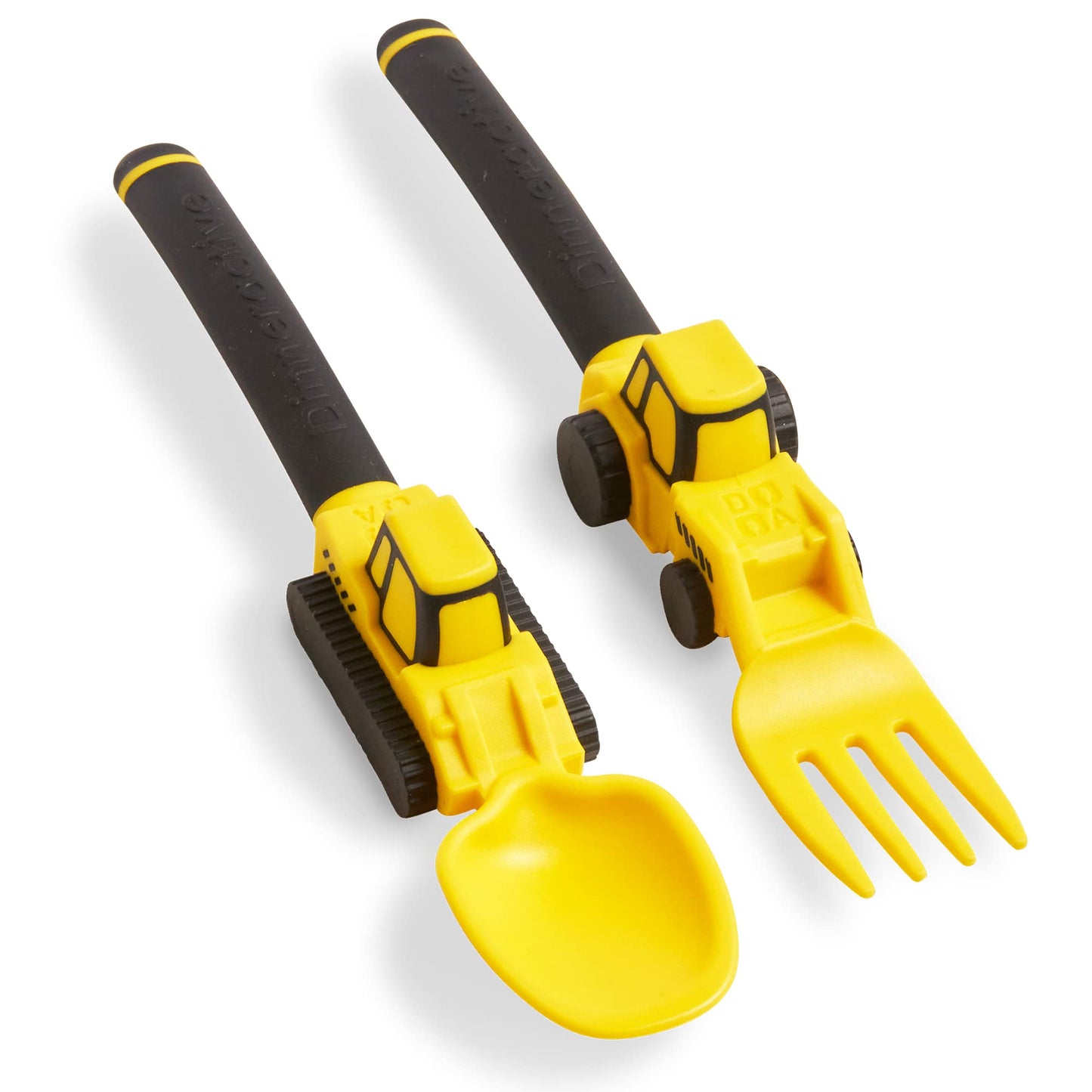 Dinneractive Utensil Set for Kids – Construction Themed Toddler Forks and Spoons, Toddler Utensils – 2PC Set – Fuchsia Construction Utensils For Toddlers - Loader & Tractor Toddler Spoons and Forks