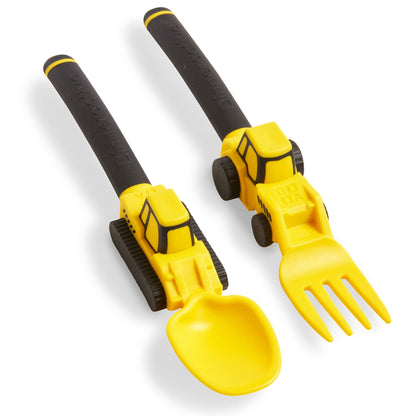 Dinneractive Utensil Set for Kids – Construction Themed Toddler Forks and Spoons, Toddler Utensils – 2PC Set – Fuchsia Construction Utensils For Toddlers - Loader & Tractor Toddler Spoons and Forks