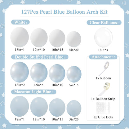 Blue Balloon Arch Kit, 127Pcs Double Stuffed Balloon Arch Garland Kit Include Pearl Blue Macaron Light blue White Clear Balloons for Bridal Shower Baby Shower Birthday Wedding Decorations