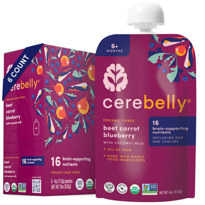 Cerebelly Organic Baby Food Pouches Variety Pack – Organic Veggie Purees for Toddlers | No Added Sugar, Fiber, Non-GMO | Blended Toddler Pouches | 4 Ounce BPA-Free Pouch | 4 Flavors | 8 Count