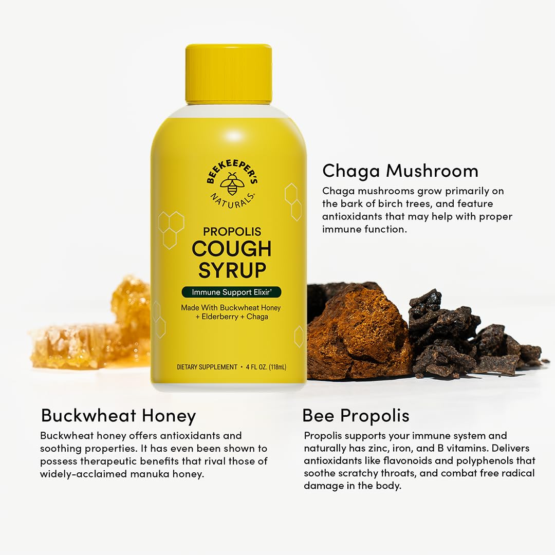 Beekeeper's Naturals Propolis Honey Cough Syrup Daytime for Kids Immune Support with Elderberry, Vitamin C, Vitamin D & Raw Honey - Throat Soothing - Gluten Free & Clean Ingredients, 4 oz.