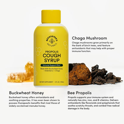 Beekeeper's Naturals Propolis Honey Cough Syrup Daytime for Kids Immune Support with Elderberry, Vitamin C, Vitamin D & Raw Honey - Throat Soothing - Gluten Free & Clean Ingredients, 4 oz.