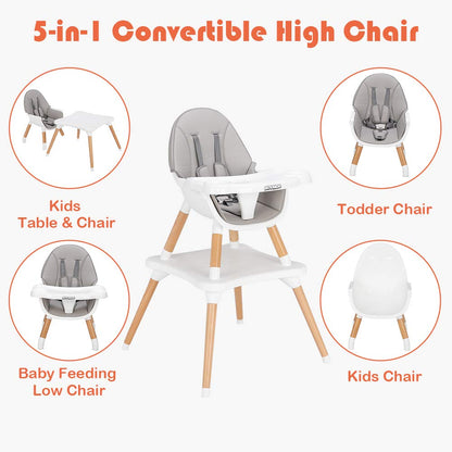 JOYMOR 5-in-1 Convertible Baby High Chair for Babies and Toddlers, Table and Chair Set, Wooden Infant Eating Highchair with Leather Seat Cushion, 4-Position Removeable & Adjustable Tray (Biege)