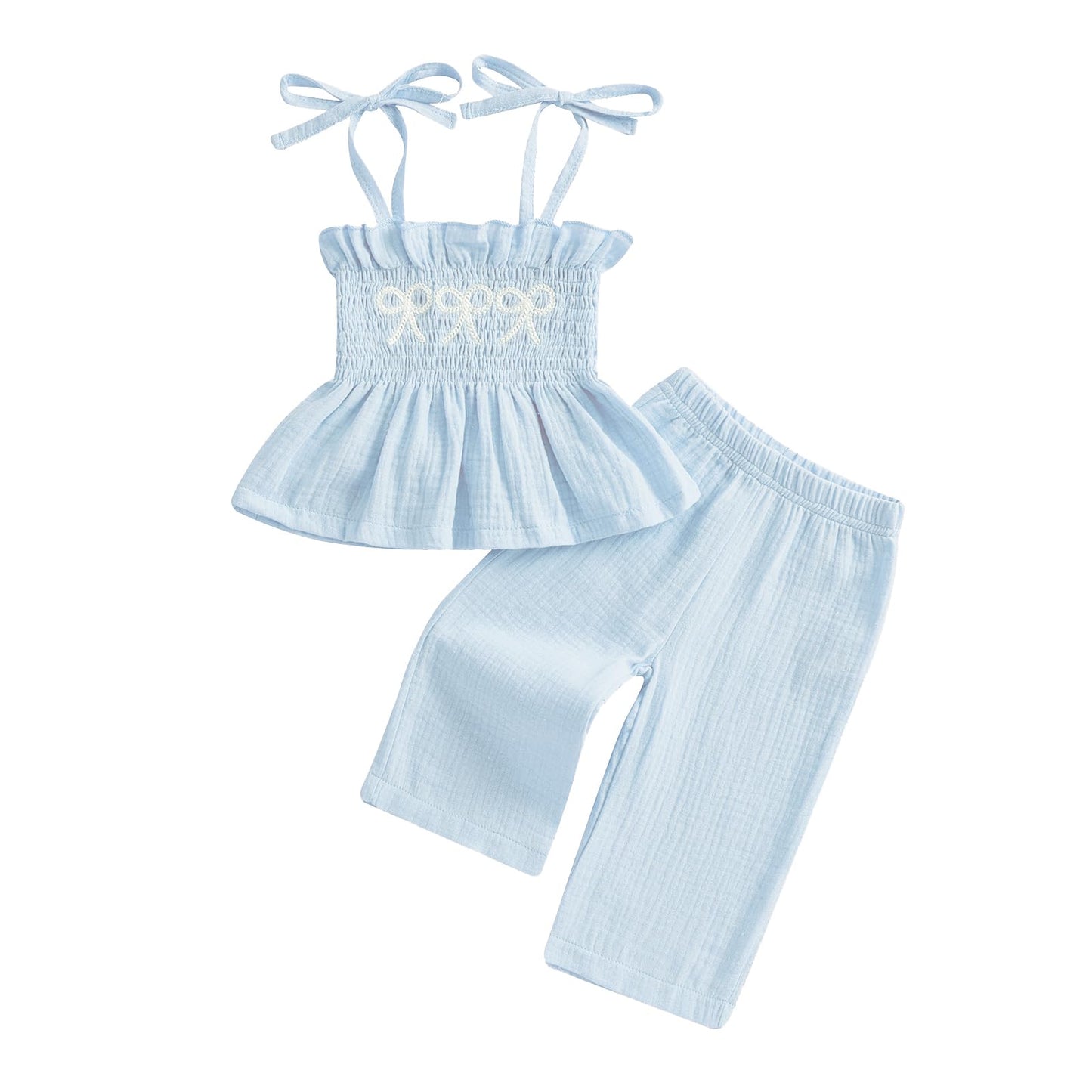 Toddler Baby Girl Clothes Tie-Up Strap Ruffle Camisole Tops Linen Pants Set Little Girls Summer Outfits