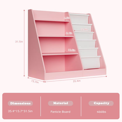 White Kids Bookshelf Wood Toy Storage Organizer Cabinet Children Bookcase Toddler Baby Sling Book Rack 3 Cube Bins Fabric Drawers for Playroom Bedroom Nursery School