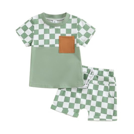 Toddler Baby Boy Summer Clothes Set Short Sleeve Checkered Tops & Shorts Novelty Color Block Outfits