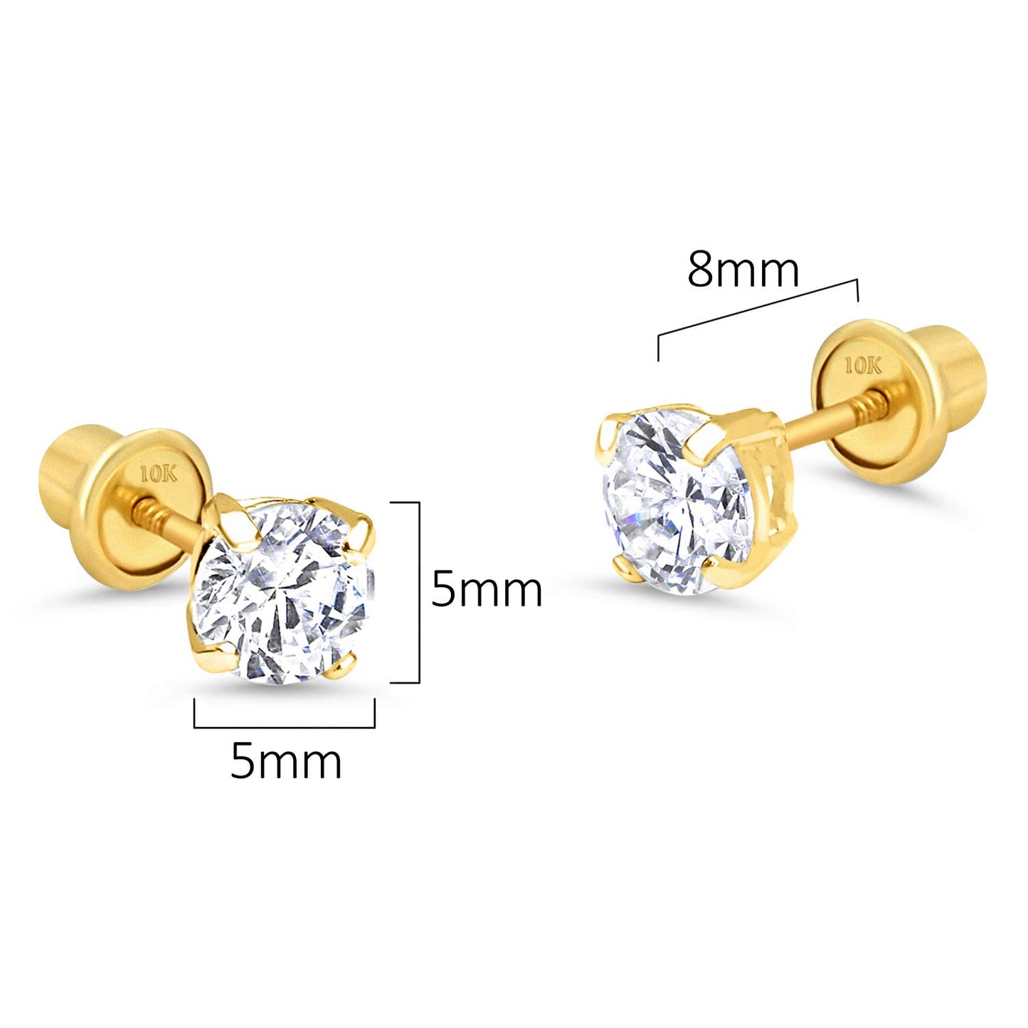 10k Yellow Gold Basket Round CZ Cubic Zirconia Solitaire Children Stud Screwback Baby Girls Earrings