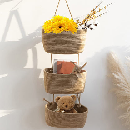 TeoKJ Over the Door Hanging Basket, 3-Tier Woven Cotton Wall-Mounted Storage Organizer Bag Decorative Hanging Nursery Baskets - Jute
