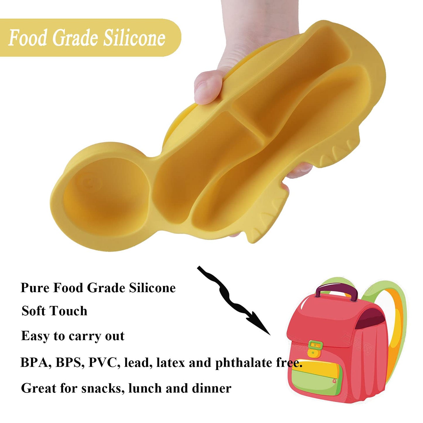 Silicone Suction Plates for Baby Toddler with Spoon Fork set Divided Dinosaurs Plates Self Feeding Training Baby Dinner Plate-Green Dinosaurs Plate Set