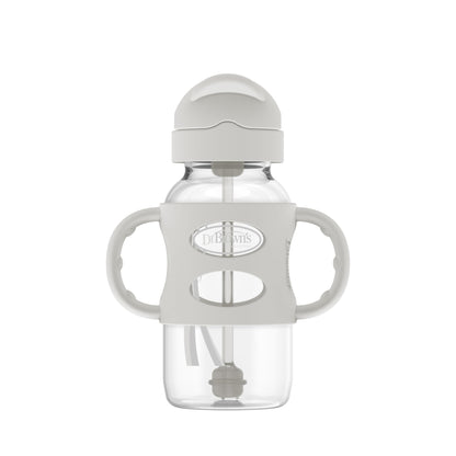 Dr. Brown's Milestones Wide-Neck Sippy Straw Bottle with 100% Silicone Handles and Weighted Straw, 9 oz/270 mL, Gray & Pink, 6m+, 2 Count (Pack of 1)