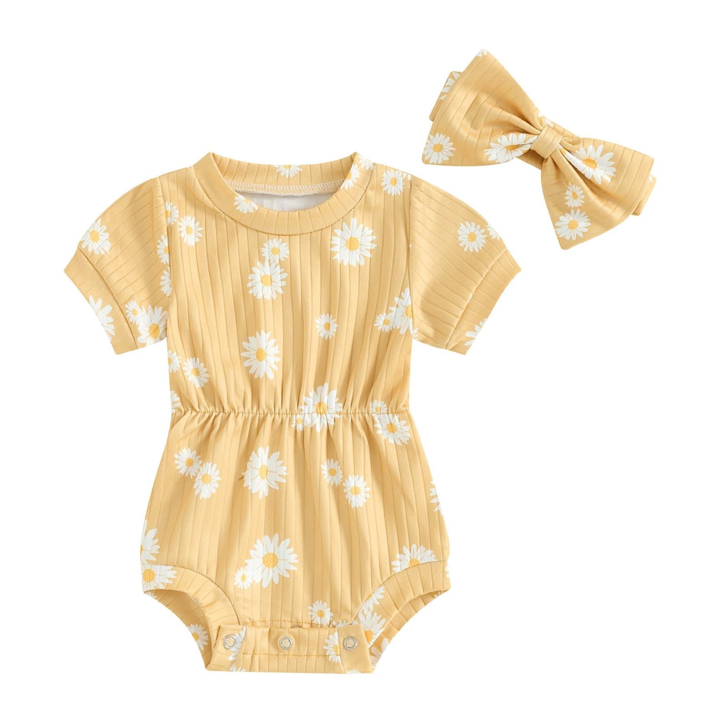 Baby Girl Summer Clothes Ribbed Short Sleeve Romper Solid Color Bodysuits Bow Headband Outfit Newborn Girl Jumpsuit
