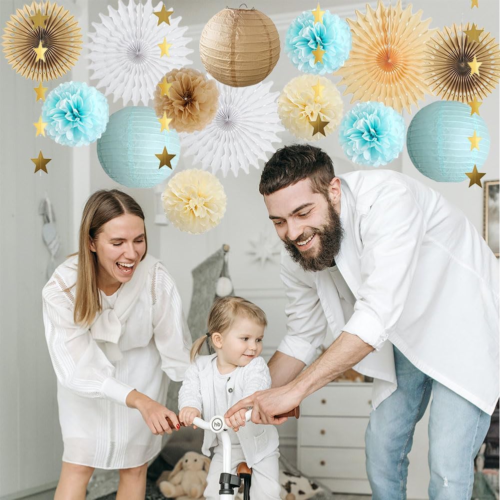 Blue and Brown Party Decorations Light Blue and Brown Baby Shower Decorations White Paper Fans Cream Pom Poms for Engagement Party Decorations Blue and Brown Birthday Wedding Room Decorations
