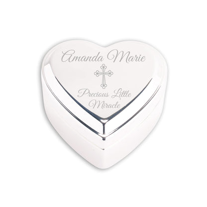 Cherished Moments Personalized Heart Jewelry Keepsake Box with Custom Engraved Cross and Name for Baby Baptism Gift for Girls, Silver Toned