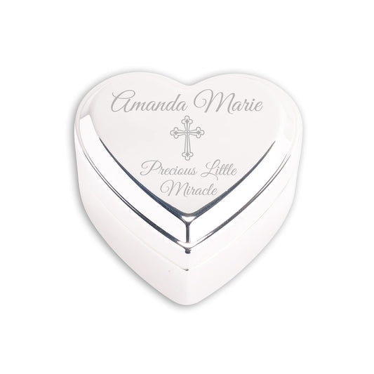 Cherished Moments Personalized Heart Jewelry Keepsake Box with Custom Engraved Cross and Name for Baby Baptism Gift for Girls, Silver Toned
