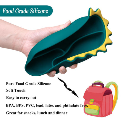 Silicone Suction Plates for Baby Toddler with Spoon Fork set Divided Dinosaurs Plates Self Feeding Training Baby Dinner Plate-Green Dinosaurs Plate Set