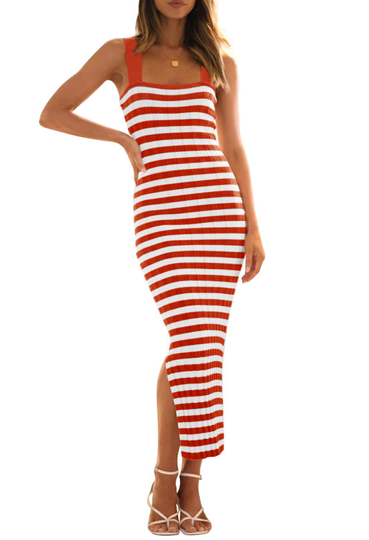 MEROKEETY Women's 2025 Summer Spring Bodycon Midi Dress Vacation Sleeveless Ribbed Knit Striped Party Sweater Dresses