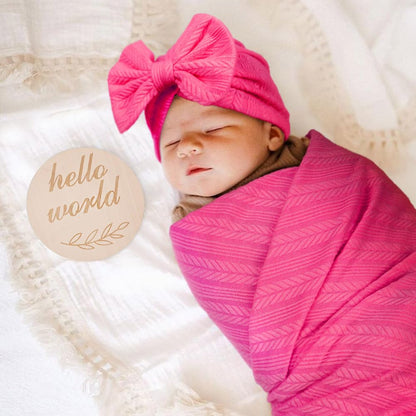Newborn Receiving Blanket with Bow Hat Mittens Wooden Card Set Wheat-Pattern Newborns Toddler Baby Boy Girl Nursery Swaddle Wrap