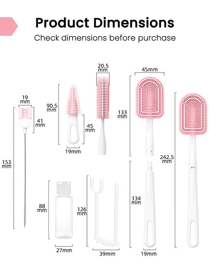 6-in-1 Travel Baby Bottle Brush Cleaning Kit, Travel Bottle Cleaner Kit with Silicone Bottle Brush, Nipple Brush, Straw Brush, Drying Rack, Dispenser, Organizer, Baby Travel Essential - Pink