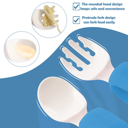 Baby Self Feeding Training Spoon and Fork Set with Travel Case, BPA-Free Cute Circle Toddler Training Utensils, Silicone/ABS Great Tableware Set Spoons Fork for Kids(Yellow)