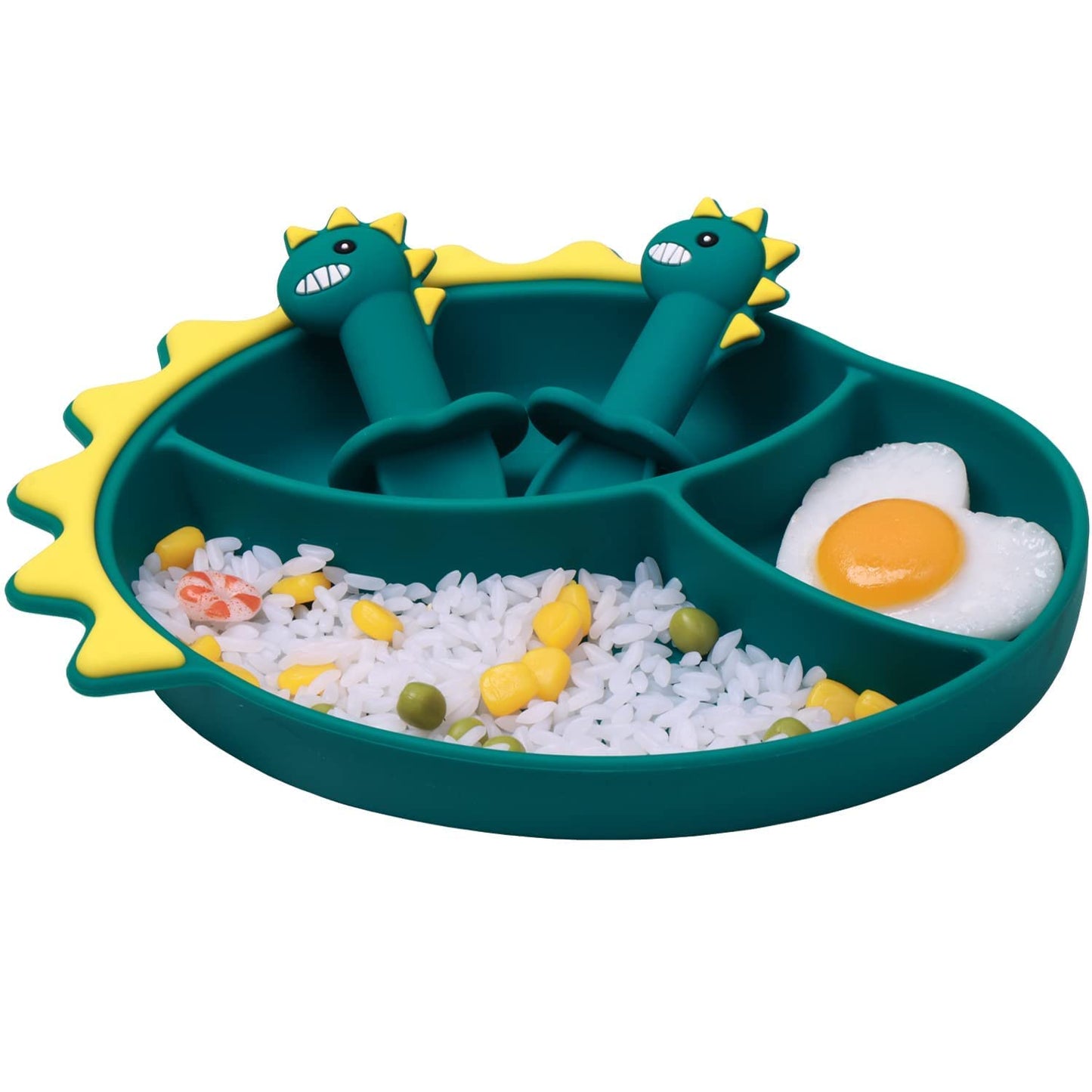 Silicone Suction Plates for Baby Toddler with Spoon Fork set Divided Dinosaurs Plates Self Feeding Training Baby Dinner Plate-Green Dinosaurs Plate Set