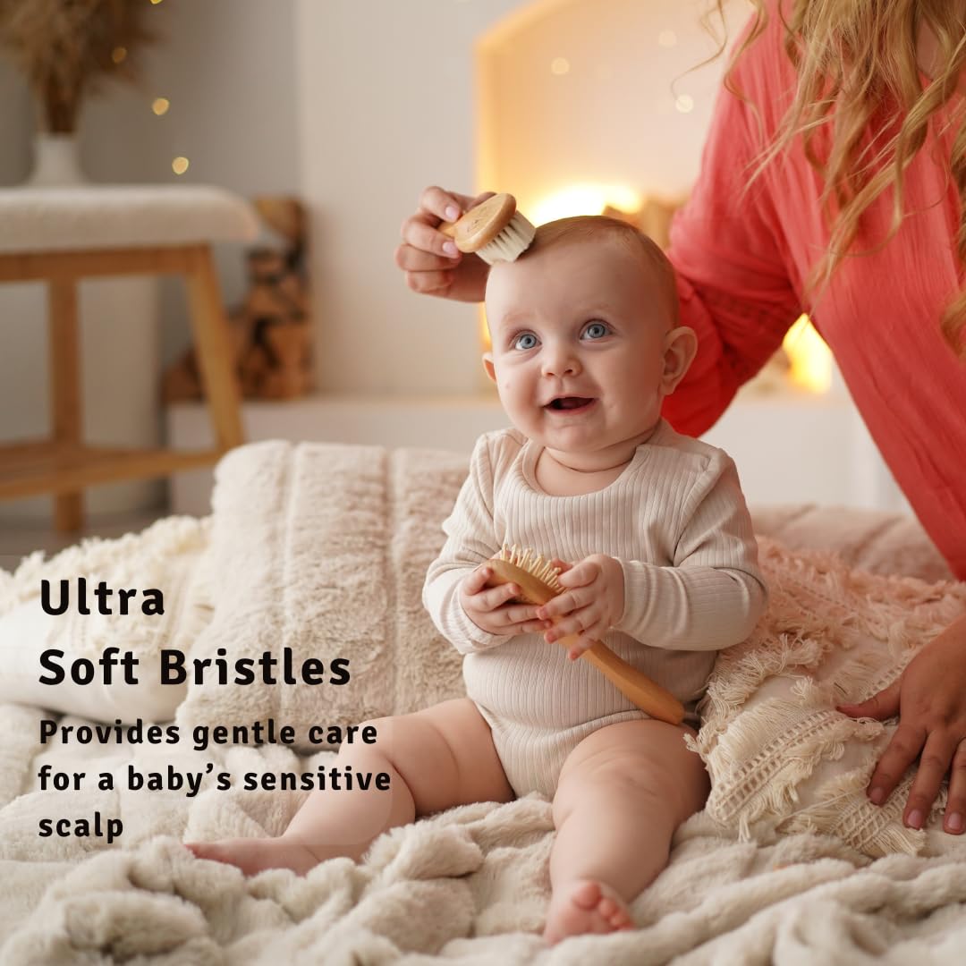 Baby Hair Brush with Soft Goat Bristles - Wooden Cradle Cap Brush for Newborns, Infants, Toddlers, and Kids - Gentle Scalp Grooming and Styling for Baby Girls and Boys (Sky)