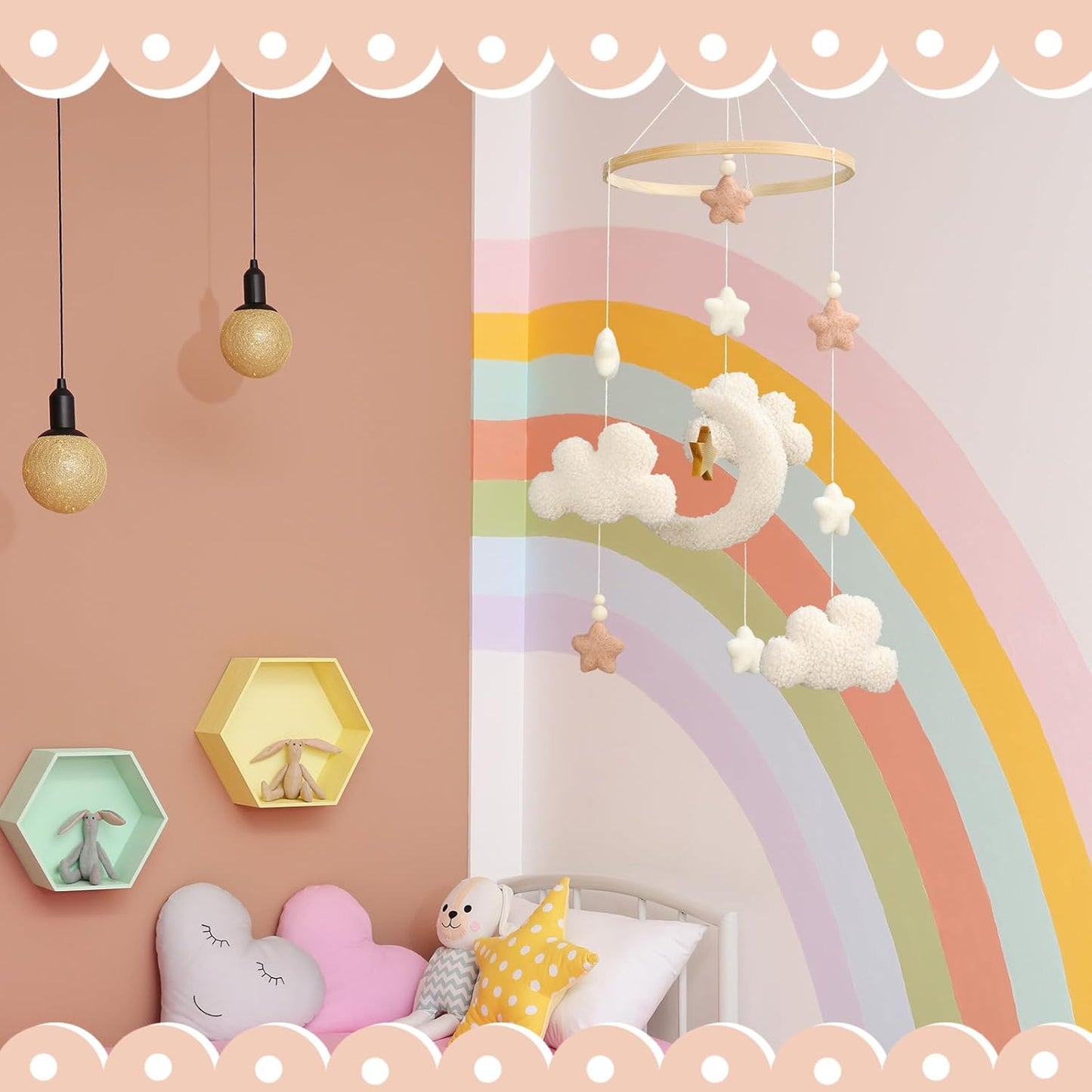 Crib Mobile for Boys Girls, Cute Stars Moon Cloud Boho Gender Neutral Hand-Crocheted Mobile for Baby Nursery Ceiling Mount Unisex