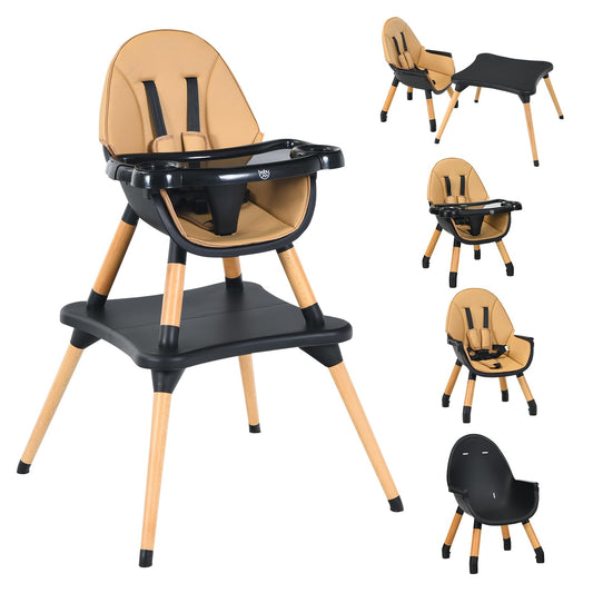 BABY JOY 6 in 1 High Chair, Convertible High Chairs for Babies and Toddlers/Booster Seat/Table and Chair Set, Infant Wooden Highchair w/ 5-Point Harness, 4-Position Removable Tray & PU Cushion, Coffee