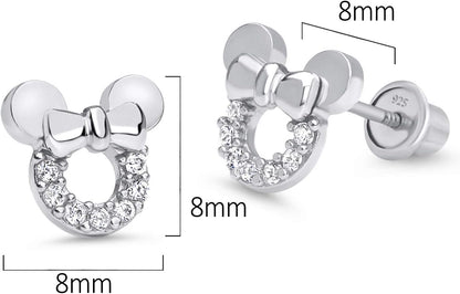 925 Sterling Silver Rhodium Plated Mouse Cubic Zirconia Screwback Baby Girls Earrings