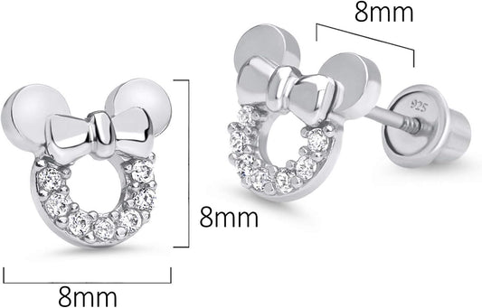 925 Sterling Silver Rhodium Plated Mouse Cubic Zirconia Screwback Baby Girls Earrings