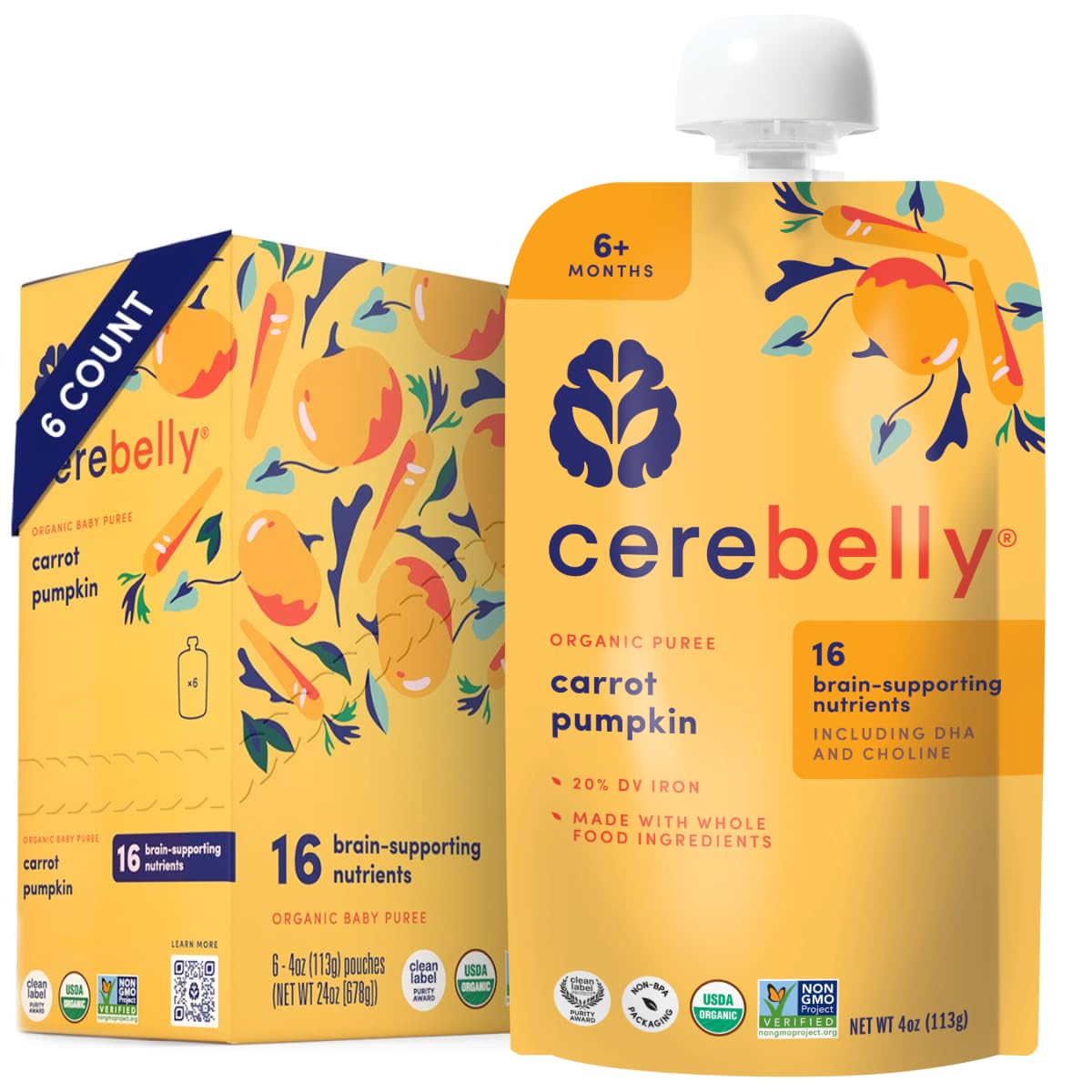 Cerebelly Organic Baby Food Pouches Variety Pack – Organic Veggie Purees for Toddlers | No Added Sugar, Fiber, Non-GMO | Blended Toddler Pouches | 4 Ounce BPA-Free Pouch | 4 Flavors | 8 Count