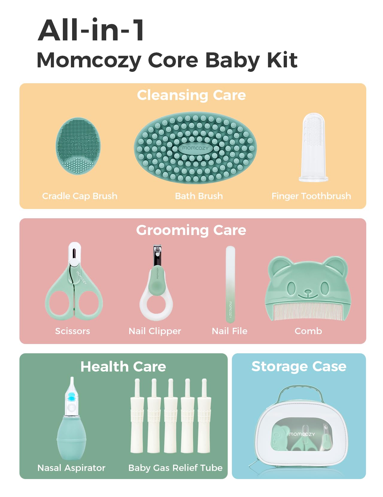 Momcozy Elite Baby Kit, Superior Baby Shower&Registry Essential Kit for Grooming & Health & Cleansing Care, Electric Nail File&Nasal Aspirator, Tummy Wrap, Thermometer, Bath Brush,Teether, Storage Bag