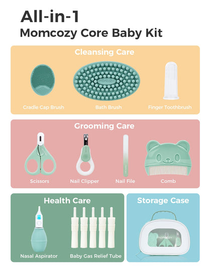 Momcozy Elite Baby Kit, Superior Baby Shower&Registry Essential Kit for Grooming & Health & Cleansing Care, Electric Nail File&Nasal Aspirator, Tummy Wrap, Thermometer, Bath Brush,Teether, Storage Bag