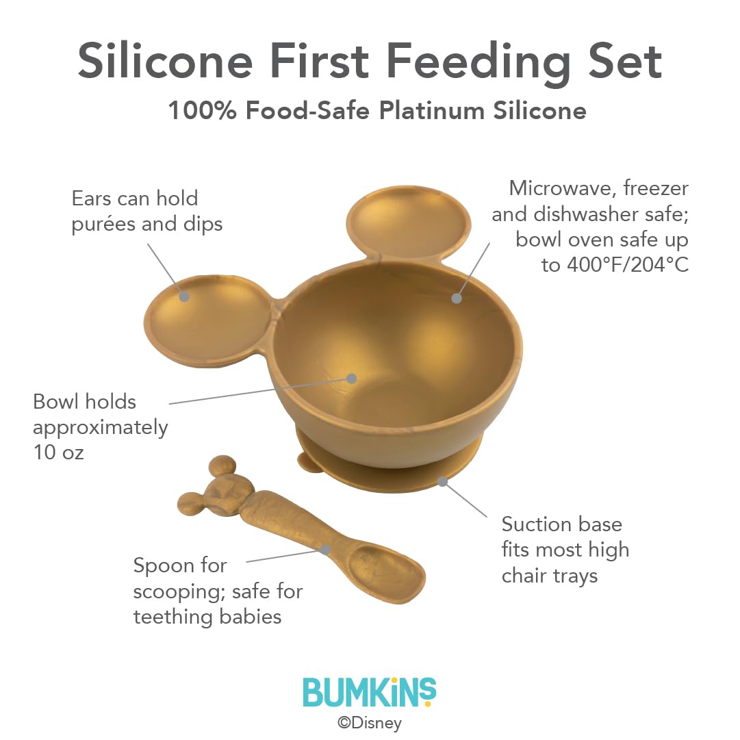 Bumkins Baby Bowls, Disney Minnie Mouse Silicone Baby Feeding Set, Suction Bowls for Baby and Toddler with Spoon, First Feeding Set, Platinum Silicone Bowl for Babies 4 Months