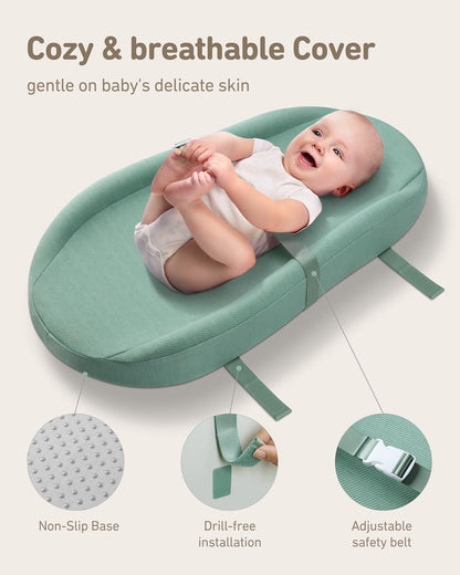 Blissful Diary Baby Changing Pad with Waterproof Lining Foam, Includes a Soft & Washable Cover, Contoured Changing Table Pads for Dresser Top with Non-Slip Bottom, 32”×16” (Grey, Avocado)