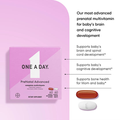 ONE A DAY Women’s Prenatal Advanced Complete Multivitamin with Brain Support* with Choline, Folic Acid, Omega-3 DHA & Iron for Pre, During & Post Pregnancy, 60+60 Ct (120 Total) (Packaging May Vary)