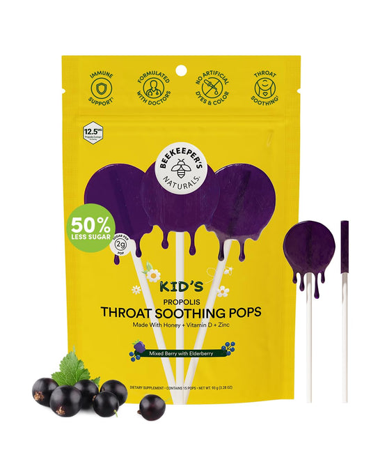 Kids Throat Soothing Lollipops by Beekeeper's Naturals - Doctor Formulated Immune Support, Vitamin D & Honey, Under 2g Sugar, Clean Ingredients,15 ct